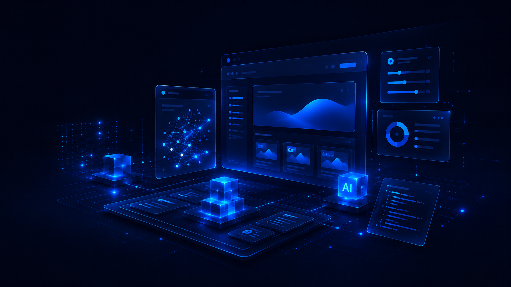 Abstract blue interface illustration representing websites, AI systems and digital dashboards.