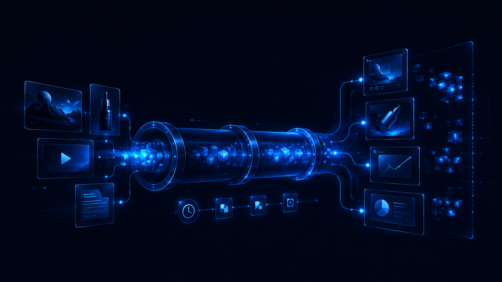 Abstract blue pipeline illustration showing content moving through repeatable digital workflows.